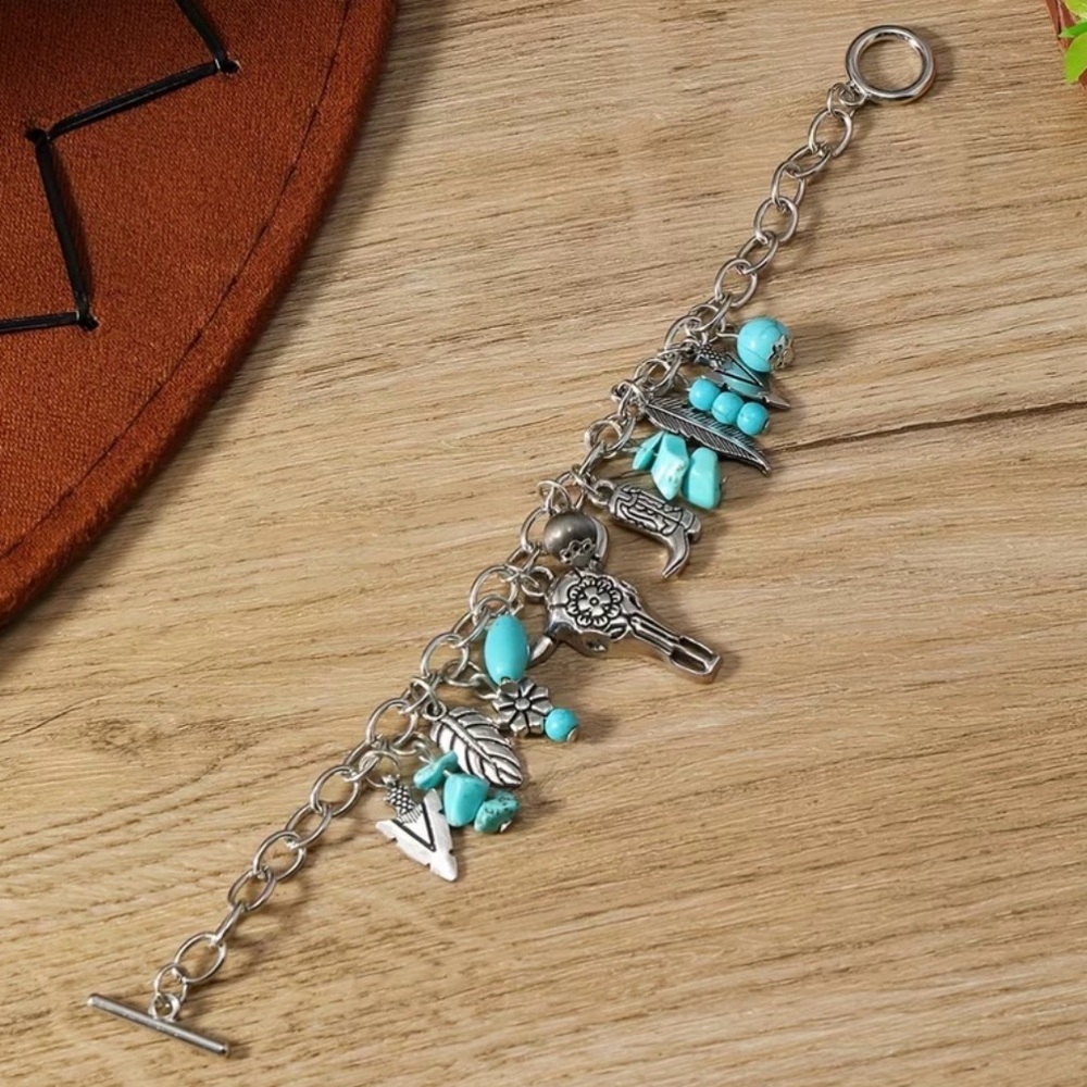 Western Bracelet Silver and Turquoise Charm Bracelet Cowboy Style Cowgirl - Picture 5 of 6